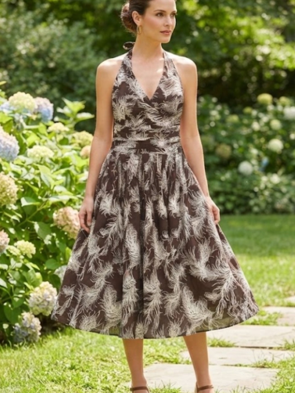 ANTONIO MELANI Brown Halter Midi Dress with Cream Feather Motif
